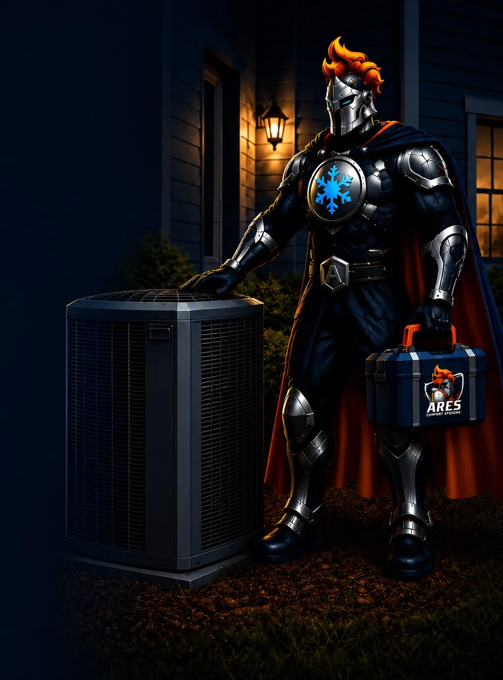 Ares Comfort Systems armored mascot resting a hand on an AC condenser outside a home at night